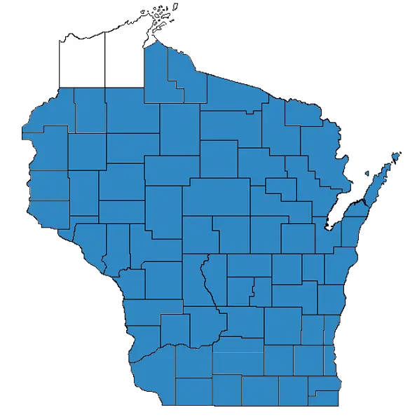Map of Wisconsin showing counties where U.S. Water provides legionella testing services